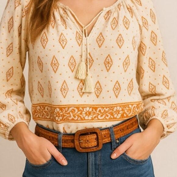 Women's Genuine Leather Embossed with Leather Cutouts Wood Buckle Belt Boho - Picture 1 of 6